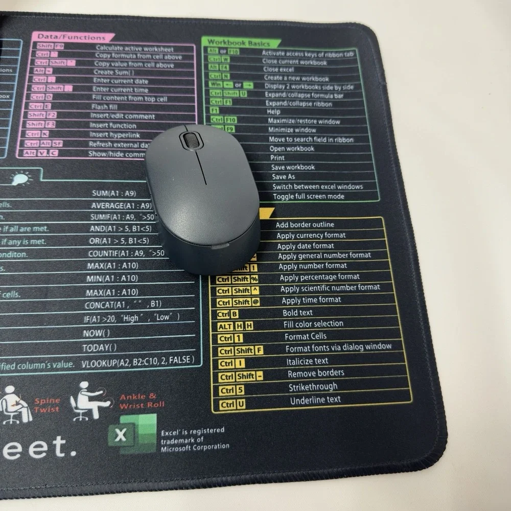 XL‎ Desk Mat Mouse Pad With Excel Shortcuts-Keyboard end Office Mat